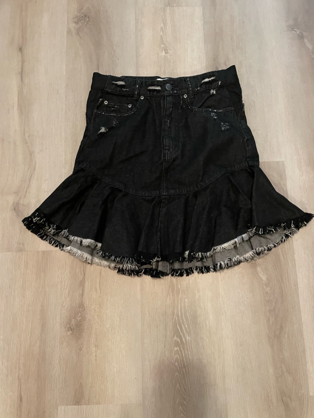 Zimmermann Black Distressed Denim Mini Skirt with Ruffle Hem